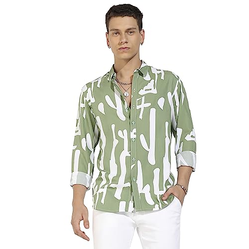 Campus Sutra Mens Sage Green Abstract Print Shirt for Casual Wear | Spread Collar | Long Sleeve | Button Closure | Heavy Rayon