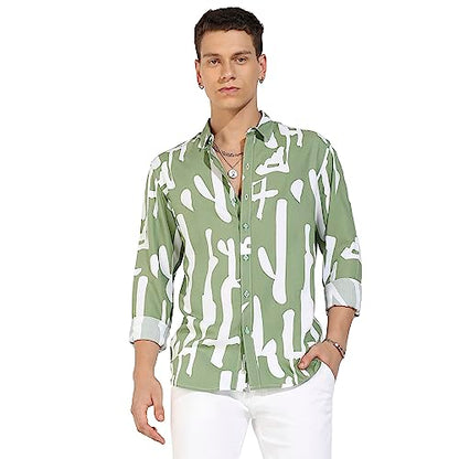 Campus Sutra Mens Sage Green Abstract Print Shirt for Casual Wear | Spread Collar | Long Sleeve | Button Closure | Heavy Rayon