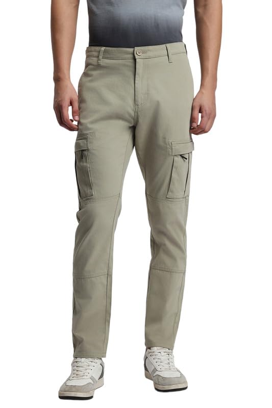 Dennis Lingo Mens Cotton Lycra Full Length Solid Slim Fit Cargo Trousers Dusty Green