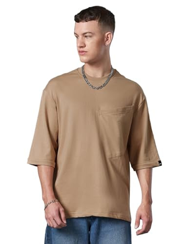 Bewakoof Mens Solid Super Loose Fit Half Sleeve Round Neck Terry T-Shirt 597313 Brown_M