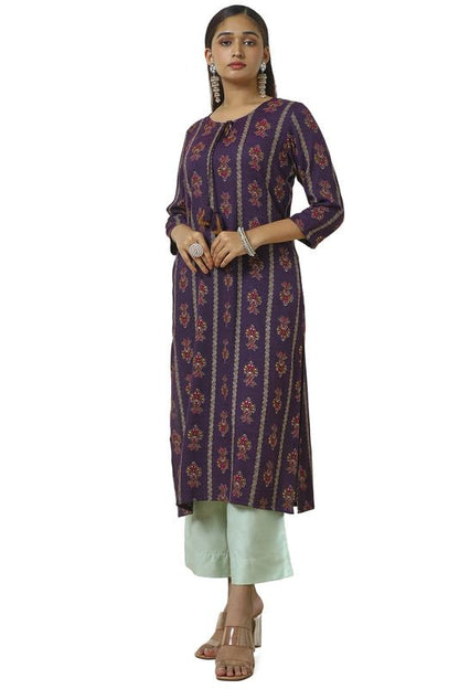 Soch Womens Purple Rayon Foil Print Kurta with Tassels