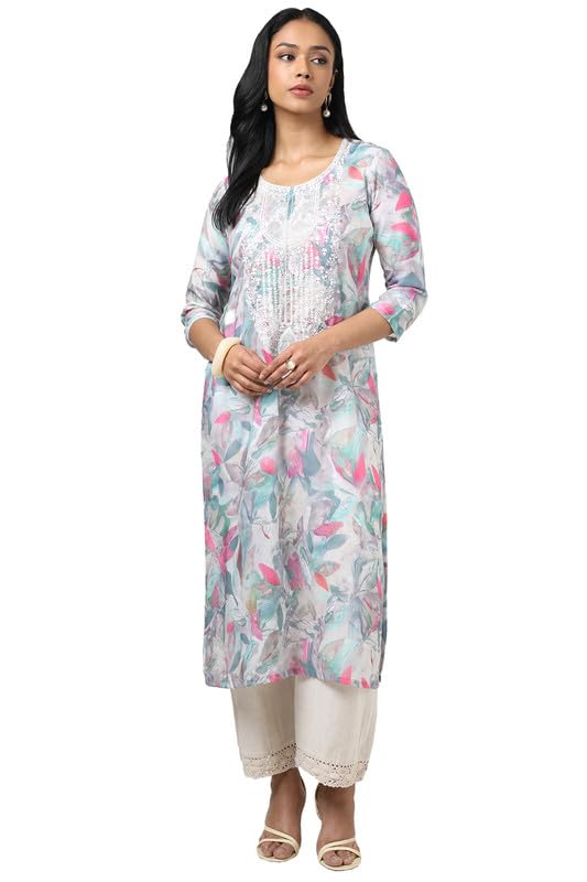 Soch Womens Grey Muslin Floral Print Kurta with Sequins