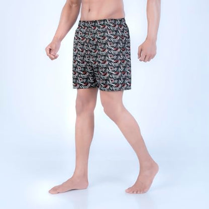 Rupa Colors PLAYSURE Collection Satin Boxers for Men, Abstract Printed, 100% Super Combed Cotton, Zip-Free, Ultrasoft Jet Black