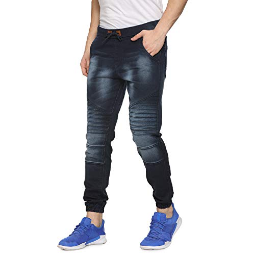 Campus Sutra MenS Classic Blue Dark-Washed Regular Fit Denim Jeans With Drawstring Premium Stretchable Cotton Mid-Rise Crafted W