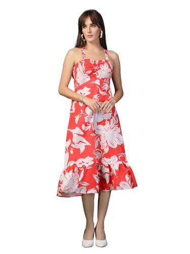 OOMPH! Womens Western & Fusion wear Printed Crepe Dress for Women, Smocked Bodice, Red - md1050
