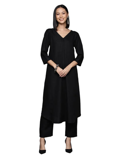 Varanga Women Black Solid A-Line Kurta With V-Neck, Three-Quarter Sleeves, Paired With Tonal Bottom