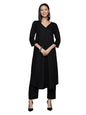 Varanga Women Black Solid A-Line Kurta With V-Neck, Three-Quarter Sleeves, Paired With Tonal Bottom