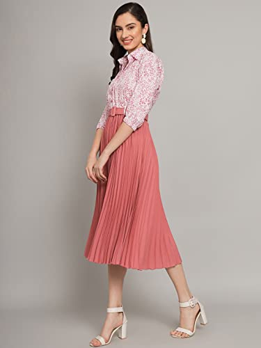 Kzully WomenS Print 3/4 Sleeve Pleated Midi Dress With Belt Peach