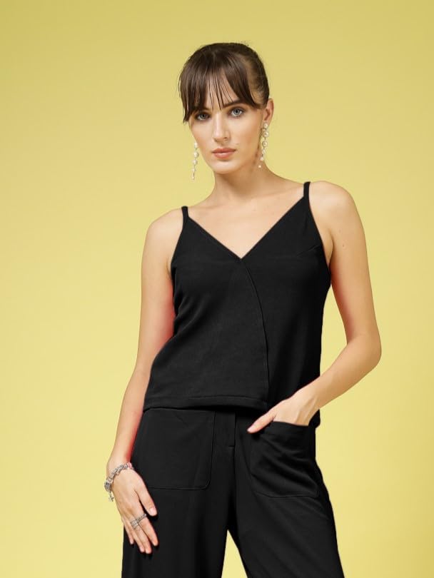 OOMPH! Stretchable Sleeveless Tank Top with V-Neck, Black, mt940