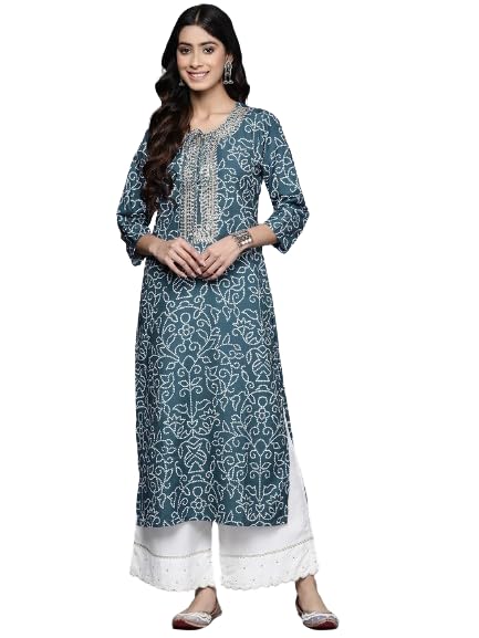 Blue Bandhani Printed, Three Quarter Sleeve, Round Neck With Drawstring, Embellished With Gotta, Side Slit Straight Kurta