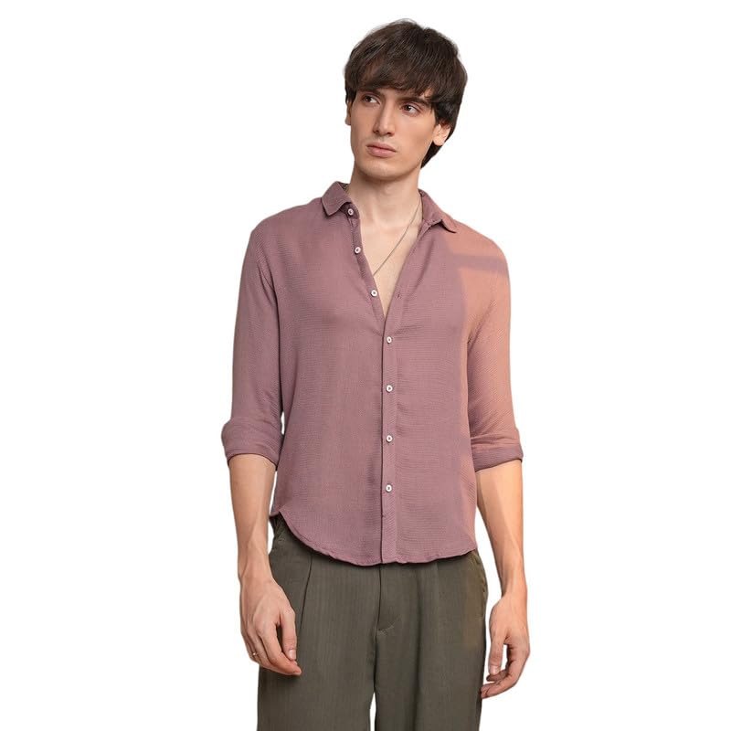 Campus Sutra Mens Nude Pink Woven-Textured Shirt | Casual Wear | Spread Collar | Long Sleeve | Button Closure | Shirt Crafted w