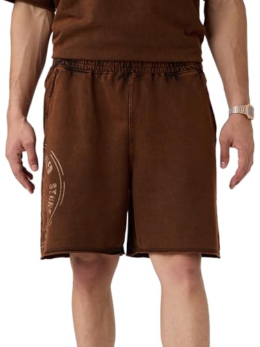 The Souled Store Vintage Wash: Chestnut Men and Boys Drawstringed Brown Graphic Printed Knee Length Cotton Bermuda Shorts