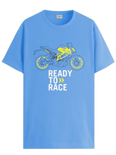 ADRO Men's Biker Design Printed 100% Cotton T-Shirt - Regular Fit, Printed T-Shirts for Men (RN24-KTM-SK_Sky Blue_XL)