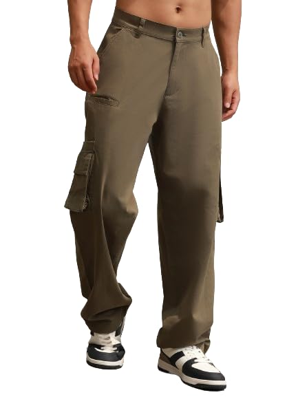 Hubberholme Men Olive Cotton Loose Mid-Rise Trousers