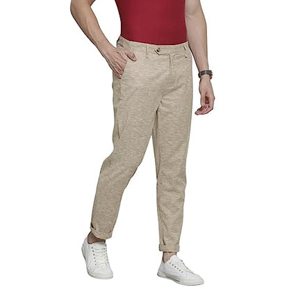 The Indian Garage Co Men Slim Fit Solid Mid-Rise Trousers Beige
