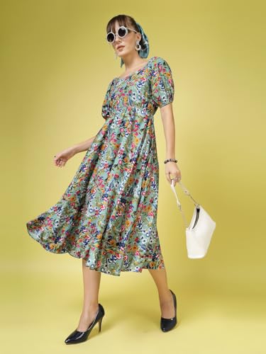 OOMPH! Womens Western & Fusion wear Printed Crepe Dress for Women, Puffed Sleeve, Grey - md992