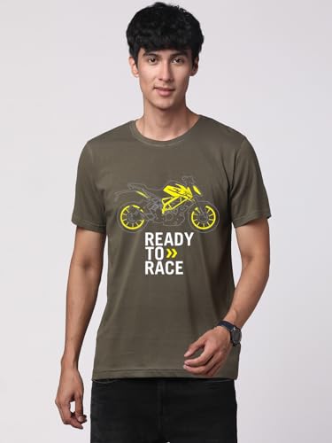 ADRO Men's Biker Design Printed 100% Cotton T-Shirt - Regular Fit, Printed T-Shirts for Men (RN24-KTM-OL_Olive)