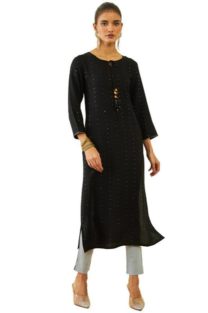 Soch Womens Black Rayon Sequin Embellished Round-Neck Straight Kurta