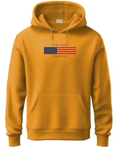 ADRO Men's Cotton Blend Neck Hooded Sweatshirt (H24-FLAG-MU_Mustard