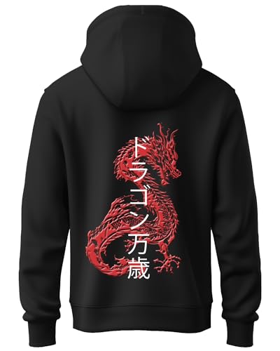ADRO Mens Hoodies with Hail The Dragon Puff Backside Printed, 100% Cotton 340GSM. (H23-M-DRA-BL_Black_XL)