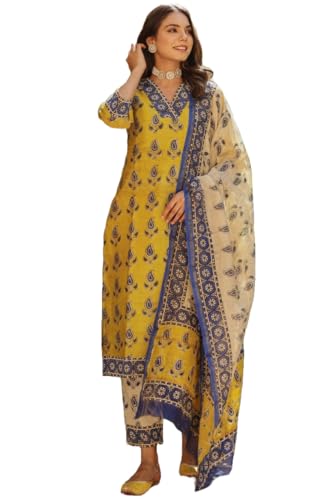GoSriKi Womens Cotton Blend Straight Printed Kurta with Pant & Dupatta (Uchiha Mustard-GS_M_Mustard_Medium)