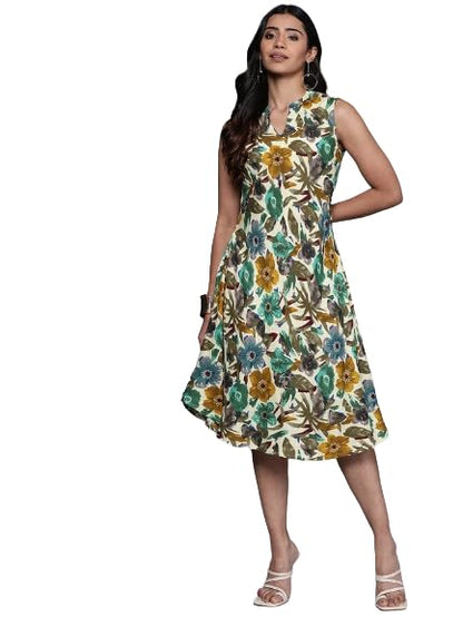 Varanga Women Off White Floral Printed Sleeveless A Line Dress.