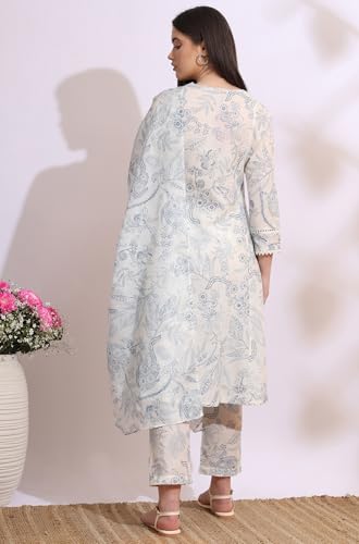W for Woman White Floral Printed Pure Cotton Anarkali Kurta, Pants Set with Dupatta