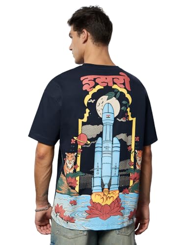 The Souled Store ISRO: Vintage Poster Men and Boys Short Sleeves Round Neck Navy Blue Graphic Printed Cotton Premium Heavy Gauge