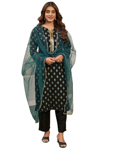 Sanisa Women's Rayon Blend Foil Printed Sequence Work Straight Kurta with Pant and Dupatta Set