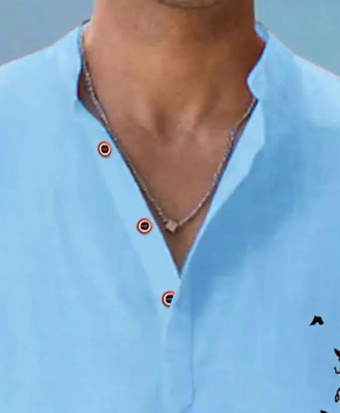Deemoon MenS Cotton Blend Mandarin Collar Self One Design Full Sleeve Casual Short Kurta Blue