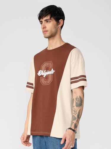 The Souled Store Colourblock T-Shirt: Savanna Men And Boys Short Sleeves Round Neck Brown And Off White Cotton Oversized T-Shirt