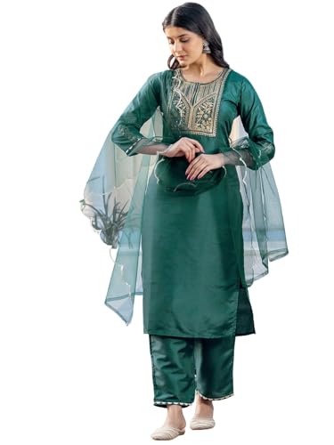 Sanisa Women's Silk Blend Embroidery and Sequins Work Straight Kurta with Pant and Dupatta Set