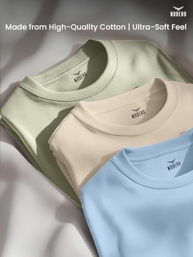 Nobero MenS Cotton Solid Regular Fit T Shirt (1M-Twts-R0008_Sand/Powder Blue/Aloe Green)