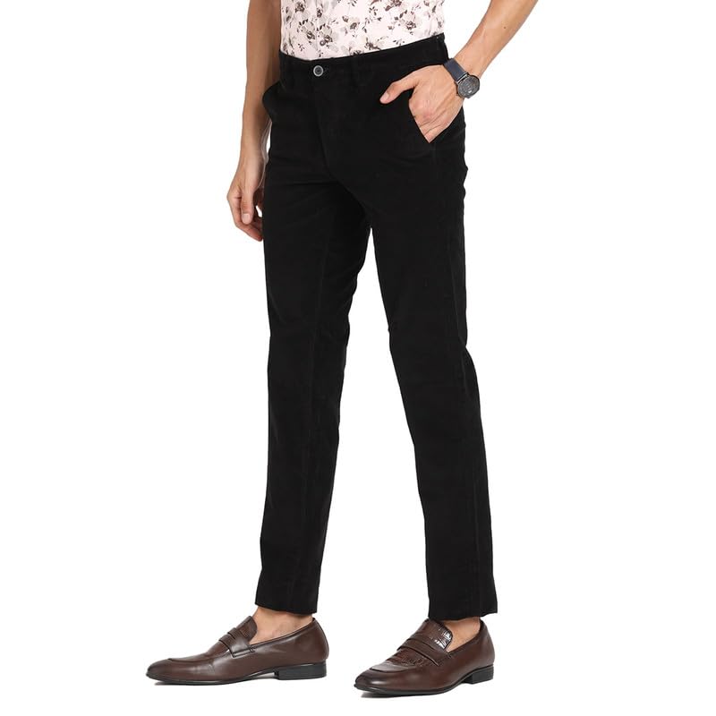 Turtle Men Corduroy Black Solid Ultra Slim Fit Casual Trouser