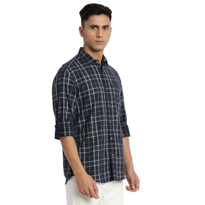 Turtle Men Cord Dark Blue Checkered Slim Fit Full Sleeve Casual Shirt