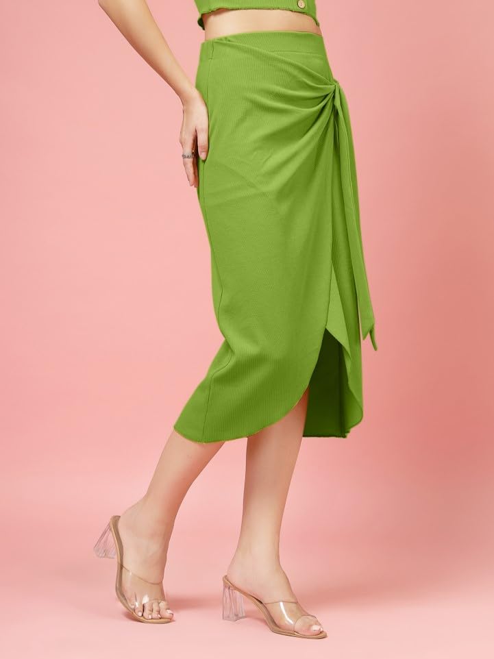 OOMPH! Stertchable Ribbed Wraparound Lycra Skirt for Women Green - msk093