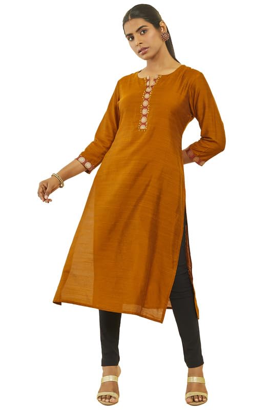 Soch Womens Mustard Silk Blend Straight Kurta With Sequin Details