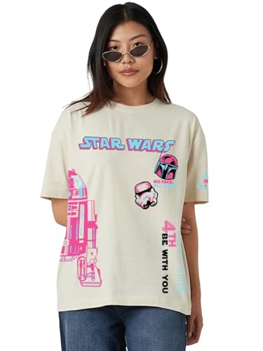Bewakoof Official Star Wars Merchandise Womens Graphic Print Oversized Fit Half Sleeve Round Neck Cotton T-Shirt_677418_Off Whi
