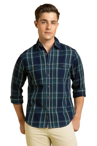 Dennis Lingo Men Cotton Relaxed Fit Checks Shirts Navy Blue