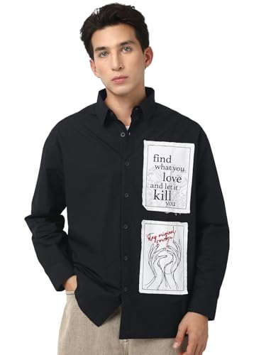 Bewakoof Mens Graphic Print Oversized Fit Full Sleeve Collared Poplin Shirt_666750_Black_S