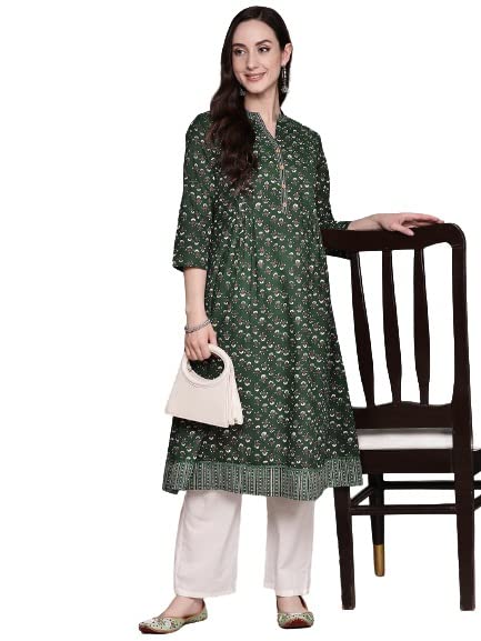 anubhutee Women's Cotton Green Ethnic Motifs Printed A-Line Kurta