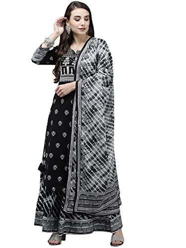ishin Women's Black Embroidered A-line Kurta set With Sharara And Dupatta