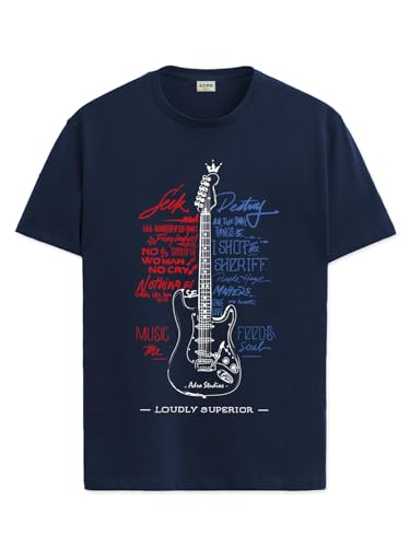 ADRO Guitar Design Printed T-Shirt for Men - 100% Cotton, Regular Fit, Soft Breathable Fabric | RN23-M-GTR-NB-XL Navy Blue