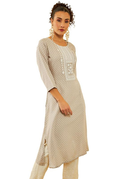 Soch Womens Grey Rayon Floral Printed Kurta With Faux Mirror