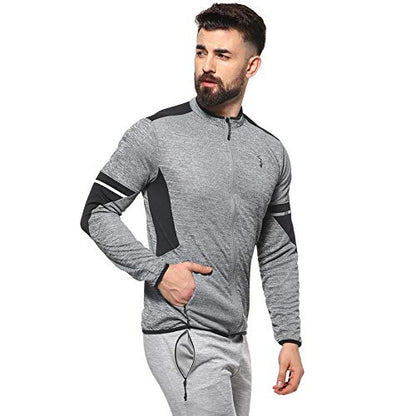 Campus Sutra Mens Grey & Black Colour-Blocked Dri-Fit Activewear Jacket Regular Fit for Casual Wear | Structured Jacket Crafted