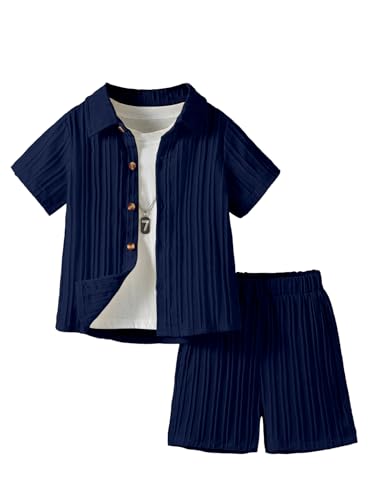 AVANOVA Boys Navy Blue 2-Piece Outfit Set  Short Sleeve Button Front Shirt with Matching Shorts, Summer Casual Clothing for Kids