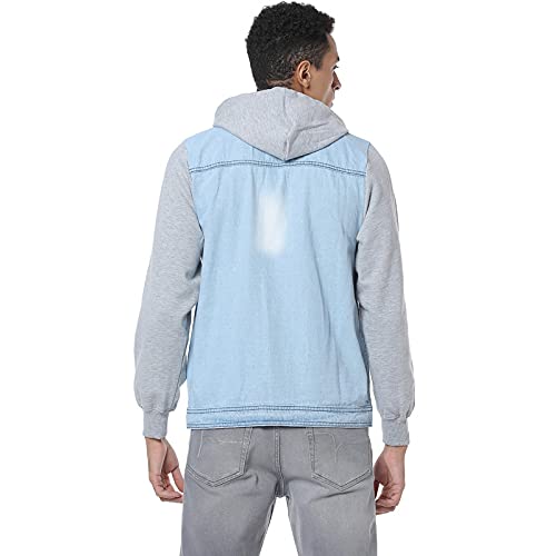 Campus Sutra Mens Light-Washed Blue & Black Regular Fit Denim Jacket for Winter Wear | Hooded Collar | Full Sleeve | Buttoned |
