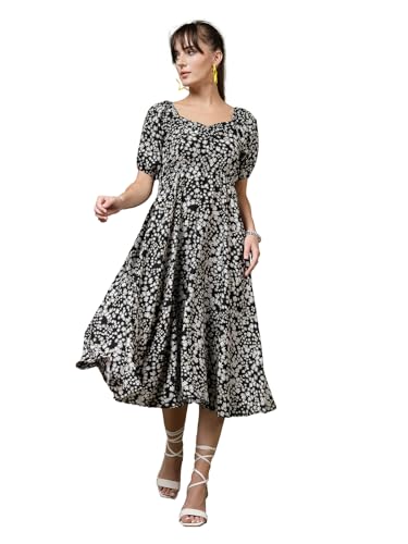 OOMPH! Womens Western & Fusion wear Printed Crepe Dress for Women, Puffed Sleeve, Black - md987