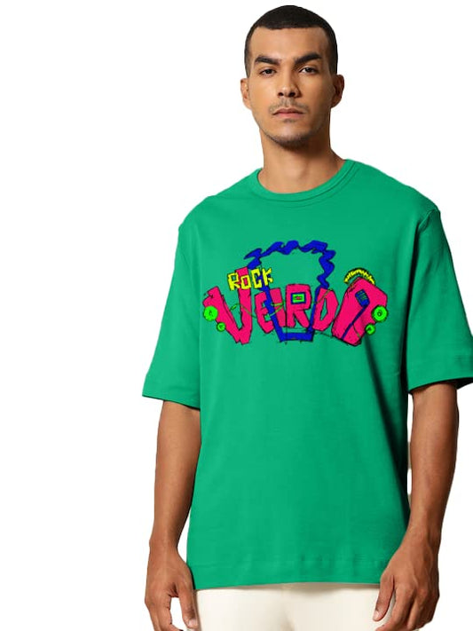 Veirdo Mens Oversized Loose Baggy Fit Drop Shoulder Round Neck Short Sleeve Rocking Graphic Printed Cotton T-Shir