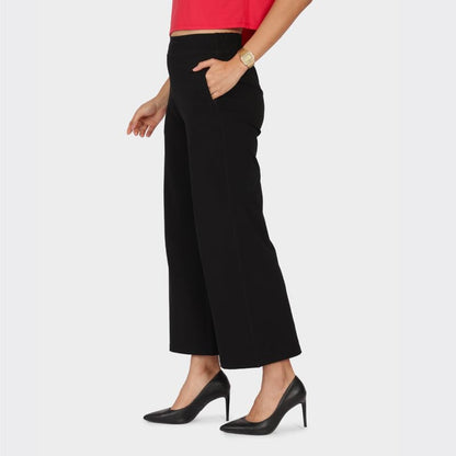 BlissClub Women Am Pm Cotton Wide Leg Pants|Wide Waistband|High Rise|Drawstring|2 Pockets, Black